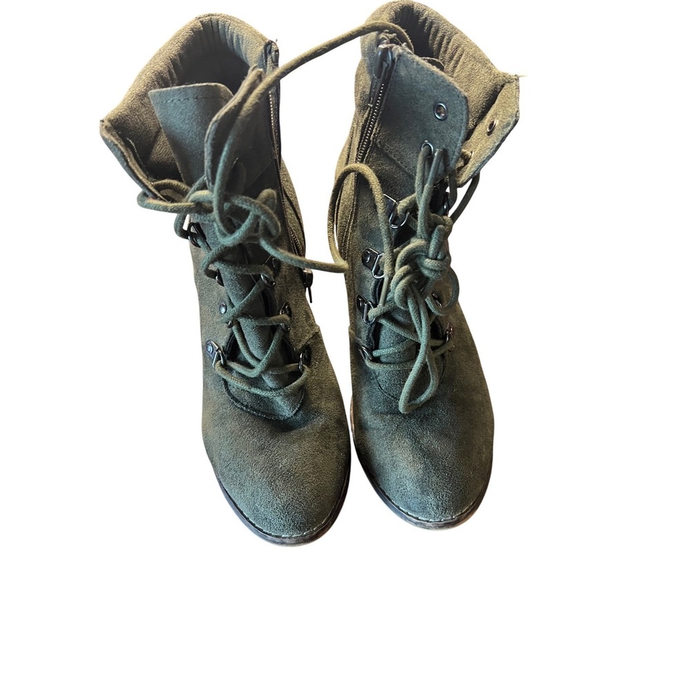 Womens Olive Green Lace Up Heeled Ankle Boots Stacked Heel Zip Closure - Picture 2 of 5